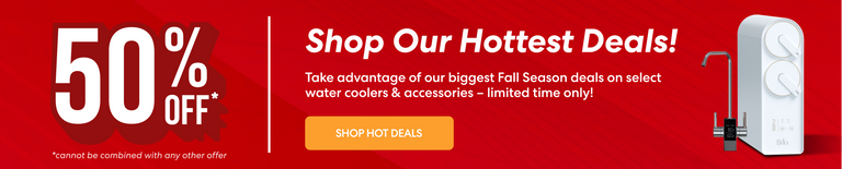 Red fall promotion banner showing 50% off with text ‘Shop Our Hottest Deals!’ highlighting fall season discounts on Brio water coolers and accessories, limited time only.